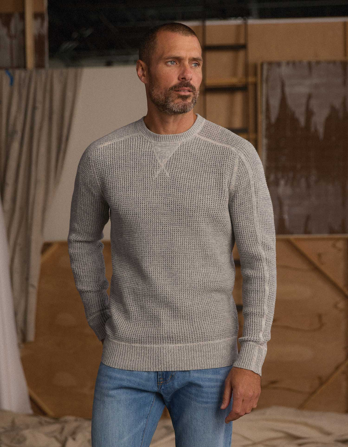 Waffle Crewneck Sweater in Light Grey Marled