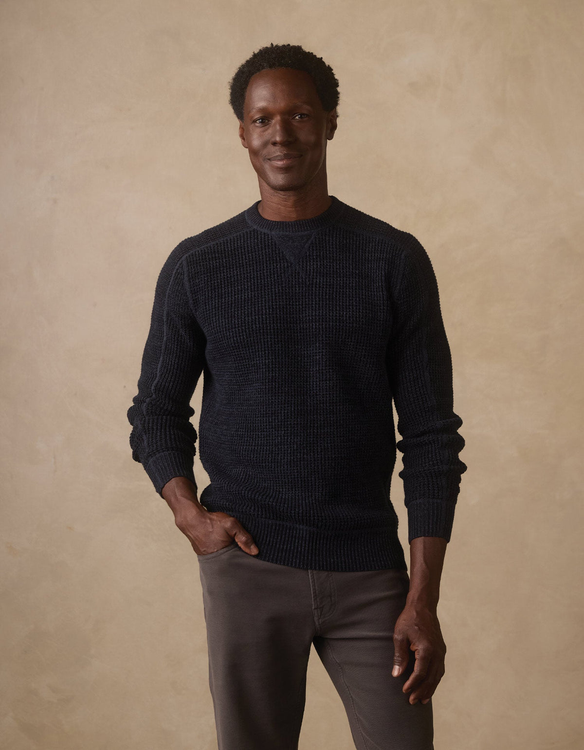 Waffle Crewneck Sweater in Dark Navy Marled